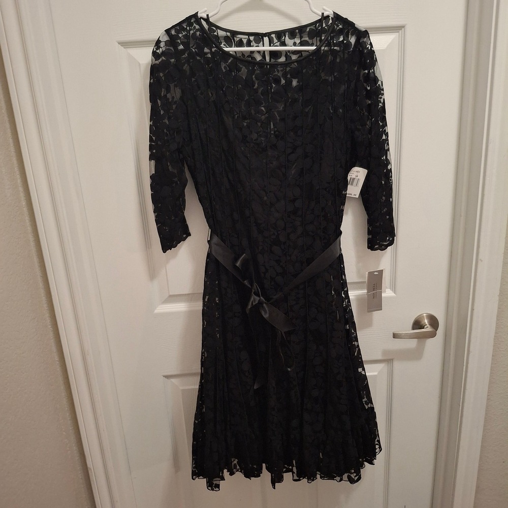 NWT Teri Jon Black Lace Overlay‎ Midi Dress with Ribbon Belt Size 16